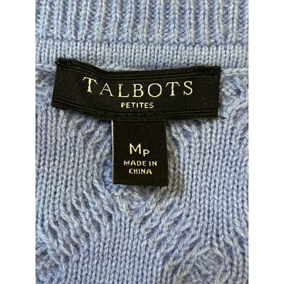 Talbots Petite Medium Blue Lambswool Blend Cable Knit Sweater Button Shoulder MP - Picture 2 of 8